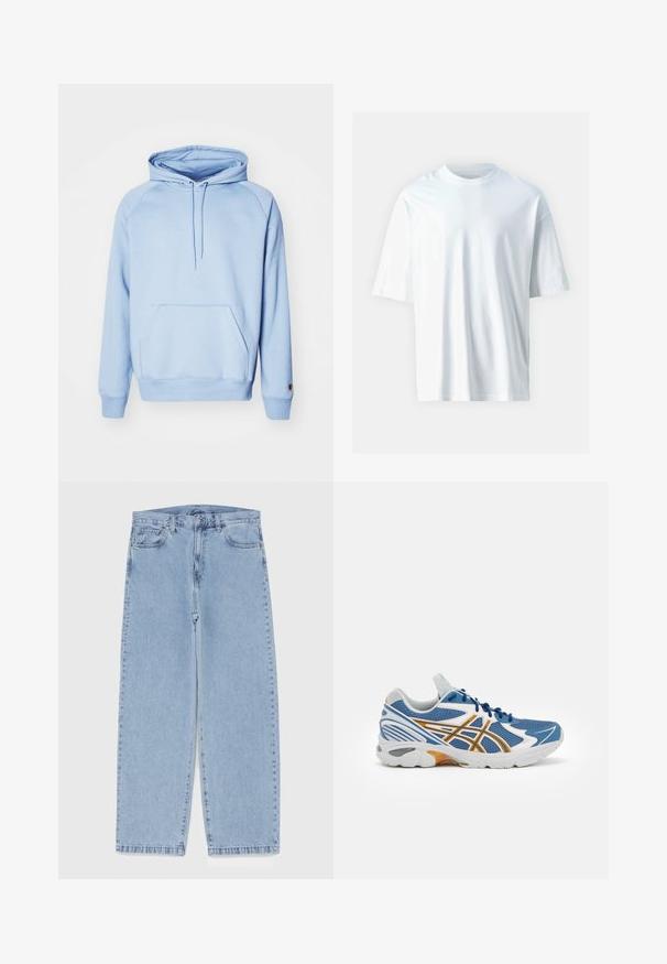 Svetlomodrá mikina s kapucňou vyrobená z mäkkej látky, so predným vreckom, šnúrkou na kapucni a rebrovanými manžetami. Hladký povrch a jednoduchý dizajn.; Biela krátka rukávová tričko vyrobené z mäkkej bavlny. Obsahuje okrúhly výstrih, voľný strih a hladkú textúru. Bez viditeľných vzorov alebo akcentov.; Svetlomodré denimové džínsy s rovnými nohavicami, s polovysokým pásom, piatimi vreckami a zapínaním na gombík a zips.; Modrá športová obuv s sieťovaným zvrškom, bielymi a oranžovými akcentmi, polstrovanou medzipodošvou a štruktúrovanou gumovou podrážkou. S možnosťou šnurovania.