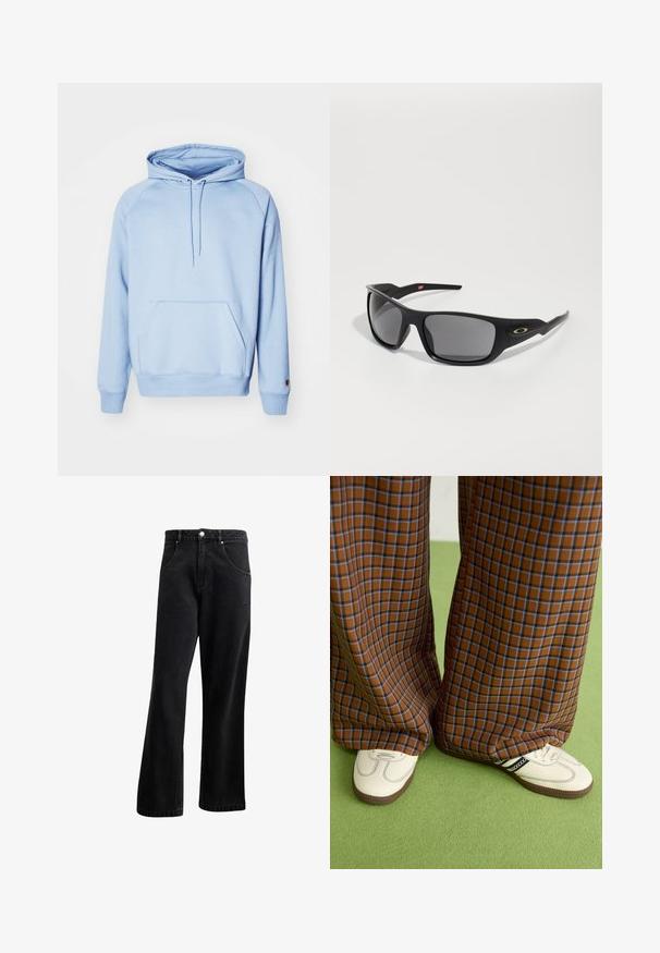 Lyseblå hettegenser laget av myk stoff, med en frontlomme, snorhette og ribbede mansjetter. Glatt tekstur og enkel design.; Svarte denimjeans med rette ben, med frontlommer, knappestenge og lett tekstur. Inkluderer en subtil logo-detalj.; Brune og blå rutete vide bukser sammen med hvite sko med svarte detaljer og teksturerte såler, satt mot en grønn bakgrunn.; Sorte solbriller med rektangulær form, laget av slitesterk plast, med gråtonede linser og en gullakzent på siden.