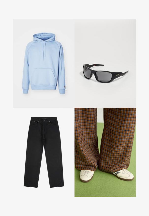 Svetlo modra kapuca iz mehkega materiala, z sprednjim žepom, kapuco z vrvicami in rebrastimi manšetami. Gladka tekstura in preprost dizajn.; Črne naravnost rezane kavbojke z gumbom in zadrgo spredaj, z zankami za pas in petimi žepi, položene na belo ozadje.; Rjave in modre kariraste hlače širokih nogavic, v kombinaciji z belimi čevlji, ki imajo črne poudarke in teksturirane podplate, na zeleni podlagi.; Črne sončne očala pravokotne oblike, narejene iz trdne plastike, z sivo toniranimi lečami in zlatim poudarkom ob strani.