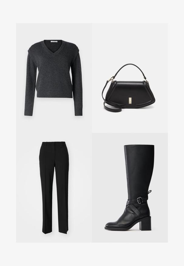 Maglione grigio scuro a maglia con scollo a V, maniche lunghe e orlo a coste. Texture morbida e design aderente. Stile minimalista e informale.; Pantaloni neri su misura con un design a gamba dritta, caratterizzati da una texture liscia e pieghe ben definite sul davanti. Senza hardware visibile.; Stivale in pelle nera fino al polpaccio con tacco a blocco e cinturino decorativo con fibbia argentata su uno sfondo chiaro e semplice.; Borsa a mano in pelle nera con un design strutturato, caratterizzata da una forma corta, manico superiore e accessori in metallo dorato. Inclusa tracolla regolabile.