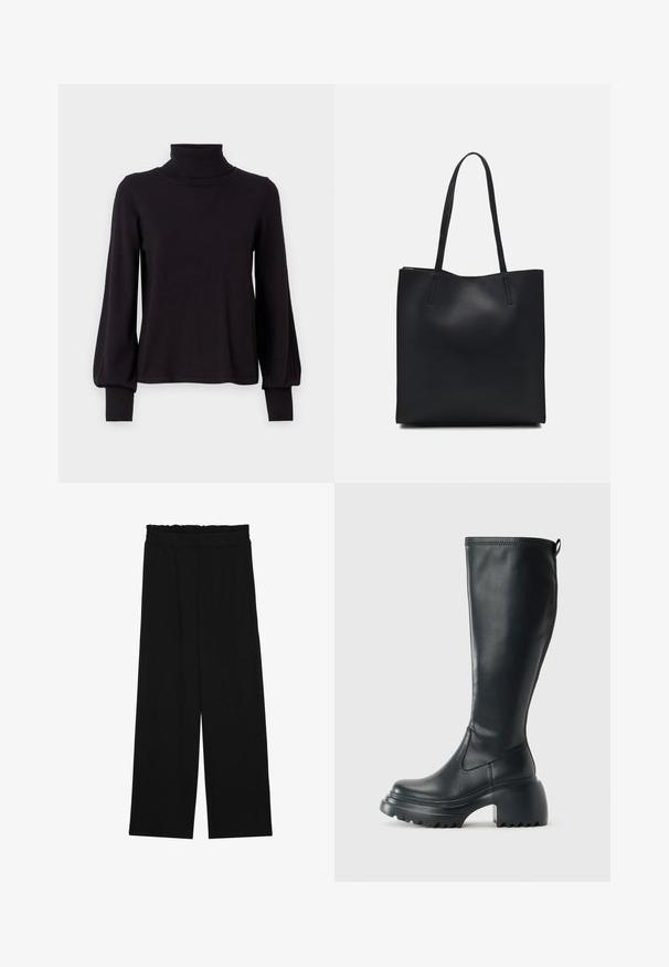 VILA VIAMANDA TURTLE NECK - Svetrík - black; Čierne široké nohavice s volánovým pásom, obsahujúce dve bočné vrecká a hladký, ľahký materiál. Žiadne viditeľné vzory ani kovové príslušenstvo.; Vysoká čierna kožená čižma s masívnou platformou a blokovým podpätkom, s praktickým pútkom a textúrovaným vzorom na podošve.; Čierna kožená taška na rameno s hladkým povrchom, obdĺžnikovým tvarom a dvoma dlhými uchami. Bez viditeľného kovania alebo ozdôb.