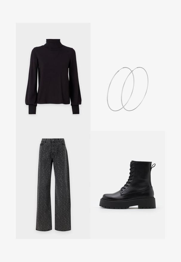 VILA VIAMANDA TURTLE NECK - Pulover - black; Noisy May NMJANNEL LOOSE - Široke kavbojke - black denim; Črne usnjene gležnjarje z okroglo konico, vezalnim sprednjim delom in debelim gumijastim podplatom z teksturiranim profilom. Zanka na hrbtni strani.; Srebrne uhane v obliki obroča z minimalističnim dizajnom. Krožna oblika, gladka tekstura in tanek profil. Lahki s poliranim zaključkom.