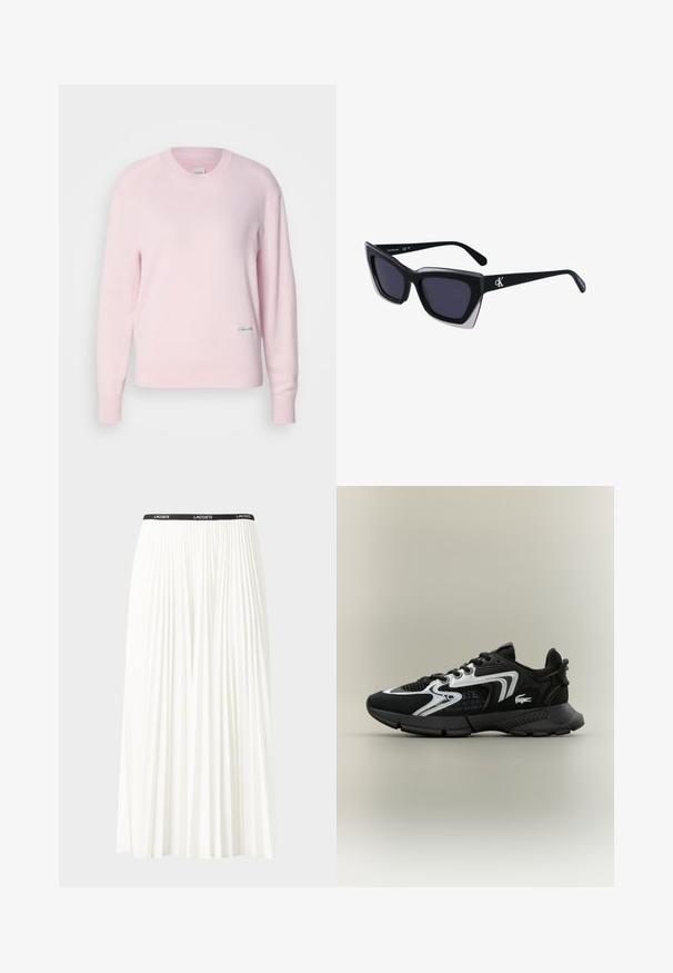 Világos rózsaszín pulóver, puha kötött anyagból készült. Kerek nyakkivágással és hosszú ujjakal rendelkezik, az alsó bal oldalon egy kicsi zöld logó található.; Plisszírozott fehér szoknya fekete elasztikus derékkal, amelyen a "LACOSTE" logó található. Középhosszú kialakítás, puha tapintással.; Fekete sportcipők hálós betétekkel, ezüst díszítésekkel és textúrált fekete borítással. Fűzővel és ívelt, masszív talppal rendelkezik.; Fekete, nagyméretű napszemüveg geometrikus formával, sötét lencsékkel és kontrasztos szürke részlettel a kereten. Logó a szárán.
