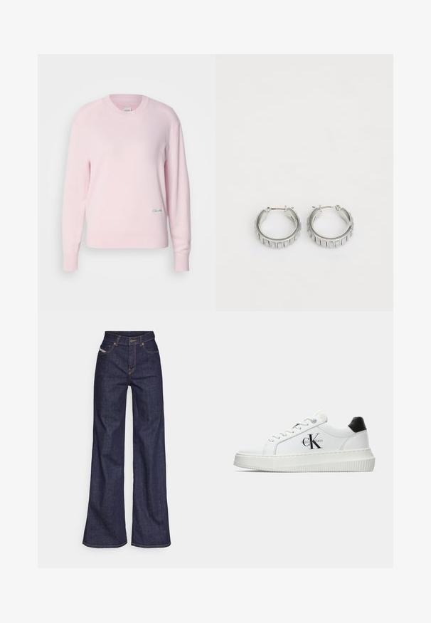 Šviesiai rožinė megztinė, pagaminta iš minkštos pleduotės. Turi apvalų iškirpimą ir ilgas rankoves, o apatinėje kairėje pusėje yra mažas žalias logotipas.; Tamsiai mėlynos plačios kojų džinsinės kelnės iš denimo audinio su aukštu liemeniu, su oranžinėmis siūlėmis, penkių kišenių dizainu ir sagčių užsegimu.; Balti žemakulniai bateliai su juodu kulno dangteliu, platformos padu, raišteliais ir Calvin Klein "CK" logotipu šone.; Sidabrinės auskarų žiedai su tekstūruotu dizainu, turinčiu vertikalias briaunas. Apskritimo forma su saugiu užraktu. Lygi apdaila.