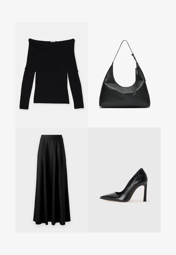 Zwarte off-the-shoulder lange mouwen top van zachte stof. Heeft een aansluitend lijfje en een brede halslijn. Eenvoudig, naadloos ontwerp.; Zwarte rok tot op de vloer met een gladde textuur, brede tailleband en geplooid ontwerp, zonder zichtbare patronen of versieringen.; Zwarte puntige hoge hak schoen met een krokodillenleren textuur, met een slank ontwerp, hoge stiletto-hak, en een gladde zwarte binnenkant.; Zwarte leren schoudertas met een gebogen vorm, gladde textuur en een lange verstelbare strap. Bevat een subtiele knoopdetail en heeft een minimalistisch ontwerp.