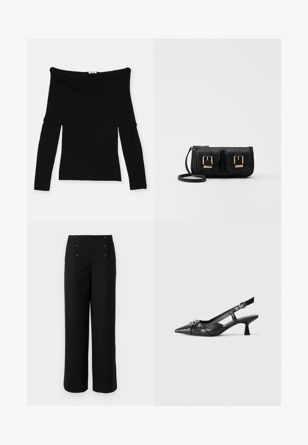 Black off-the-shoulder long-sleeve top made of soft fabric. Features a fitted bodice and a wide neckline. Simple, seamless design.; Black wide-leg trousers made of smooth fabric, featuring a high waist and five front buttons for closure. Elegant, tailored design.; Black leather slingback shoe with a pointed toe, decorative straps featuring metal eyelets, and a low block heel. Textured surface.; Black leather crossbody bag with two front pockets, gold buckles, zipper closure, and a slim strap. Textured surface and compact rectangular shape.