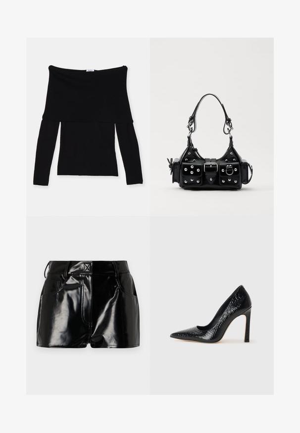 Maglia nera off-the-shoulder a maniche lunghe realizzata in tessuto morbido. Caratterizzata da un corpetto aderente e un ampio scollo. Design semplice e senza cuciture.; Shorts neri e lucidi realizzati in materiale sintetico. Presentano una vita aderente, passanti per la cintura e tasche frontali con evidenti dettagli di cucitura.; Scarpa nera con punta a punta alta in pelle di coccodrillo, caratterizzata da un design elegante, alto tacco a spillo e interno nero liscio.; Borsa a mano in pelle nera con design curvo, caratterizzata da borchie argentate, una fibbia e due tasche laterali. Tracolla regolabile per diverse opzioni di trasporto.