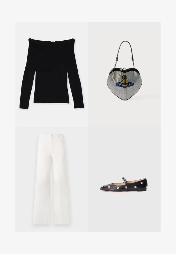 Must mustriga mustlõhikuga must särk, mis on valmistatud pehmest kangast. Omab vormitatud bodi ja laia kaelust. Lihtne, sujuv disain.; Valged, kõrge vöökohaga laiad teksad, mis on valmistatud denimist. Omab nupuga sulgemist, kahte esimest taskut ja külgede õmbluste detailseid õmblusi.; Must naar mustast valmistatud Mary Jane lamedad jalanõud, ümarate varvastega, hõbedaste ümmarguste nupukestega ja reguleeritava rihmaga, millel on klamber.; Südamekujuline võrkkott metallilise viimistlusega, millel on kass ja planeedi disain sinises, kollases ja punases. Kaasas on kett õlarihm.