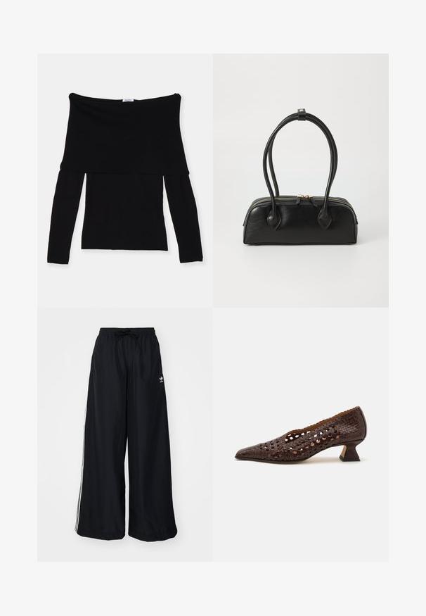 Μαύρη τοπ, με μακριά μανίκια, που αφήνει ακάλυπτους τους ώμους, φτιαγμένη από μαλακό ύφασμα. Διαθέτει προσαρμοσμένο σώμα και φαρδύ λαιμόκοψη. Απλός, χωρίς ραφές σχεδιασμός.; Μαύρο παντελόνι με φαρδιά πόδια κατασκευασμένο από ελαφρύ ύφασμα. Διαθέτει ελαστική μέση με κορδόνι και λευκές ρίγες στα πλάγια. Λογότυπο της μάρκας στο ισχίο.; Καφέ πλεκτό δερμάτινο παπούτσι με μυτερό μπούστο, ανοιχτό σχέδιο κοπής, χαμηλό γλυπτό τακούνι και μαλακή εσωτερική επένδυση.; Μαύρη δερμάτινη τσάντα χειρός με δύο επιμήκεις λαβές, φερμουάρ, και στρογγυλή σιλουέτα; λεία υφή με διακριτή γυαλιστερή φινίρισμα.