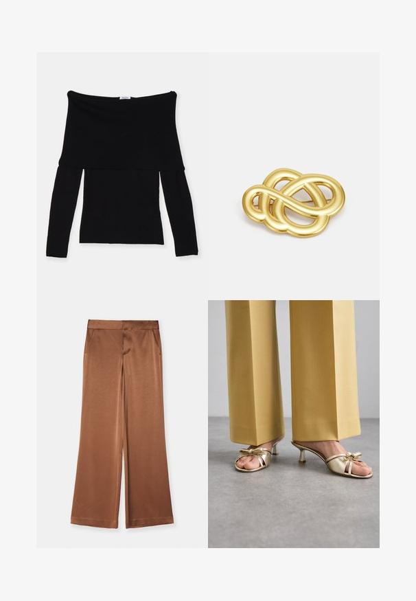 Fekete, lecsúszott vállú, hosszú ujjú felső, puha anyagból készült. Tömör felsőrész és széles dekoltázs jellemzi. Egyszerű, varrás nélküli dizájn.; Barna, bővülő szárú, szatén anyagú nadrág, oldalsó zsebekkel, sima felülettel és formázott derékpánttal a rendezett illeszkedés érdekében.; Stuart Weitzman FELICITY BOW SLIDE - Magas sarkú papucsszandálok - platino; Arany színű brosúra, csomózott díszítéssel, sima, ívelt vonalakkal és bonyolult formával, fényes felülettel.