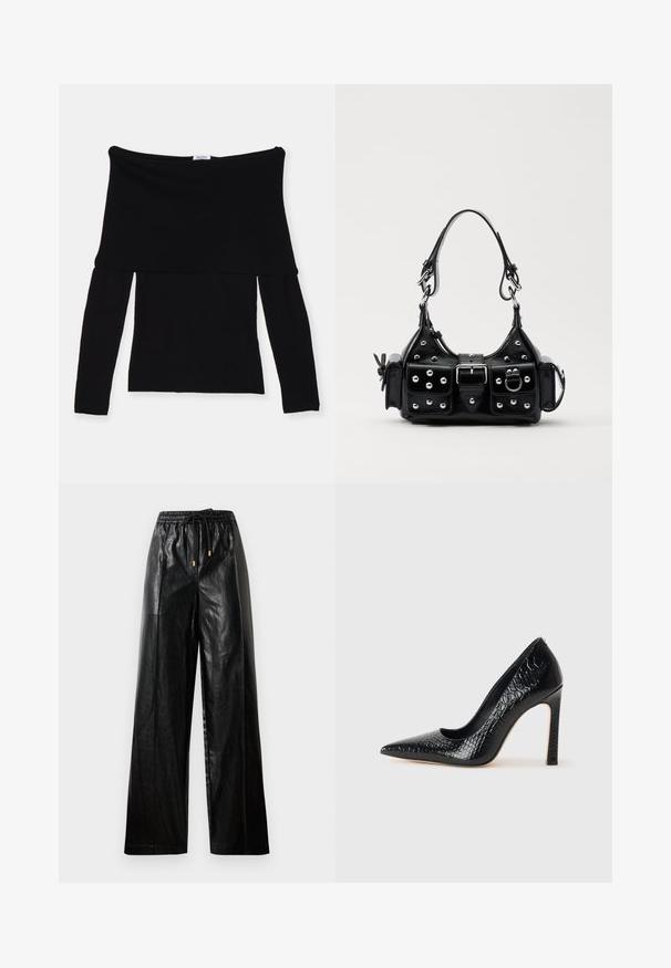 Schwarzes, schulterfreies Langarmtop aus weichem Stoff. Mit einem figurbetonten Oberteil und einem weiten Halsausschnitt. Einfaches, nahtloses Design.; Schwarze Leder-Hosen mit weitem Beinschnitt, elastischem Taillenbund, Kordelzug und goldenen Hardware-Akzenten. Glatte Textur und lockerer Schnitt.; Schwarzer, spitz zulaufender High Heel mit Krokodilleder-Struktur, elegantem Design, hohem Stiletto-Absatz und glattem schwarzen Innenraum.; Schwarze Lederhandtasche mit einem geschwungenen Design, verziert mit silbernen Nieten, einer Schnalle und zwei seitlichen Taschen. Verstellbarer Träger für verschiedene Tragemöglichkeiten.