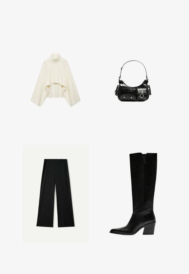 Mango Pulover - white; Bershka WIDE - Pantaloni - black; Cizme negre până la genunchi, fabricate din piele netedă, cu vârf ascuțit, toc pătrat și o decupare în formă de V în partea de sus.; Geantă de mână din piele lăcuită neagră, cu o formă curbată, un umăr, buzunare frontale și accente din metal argintiu.