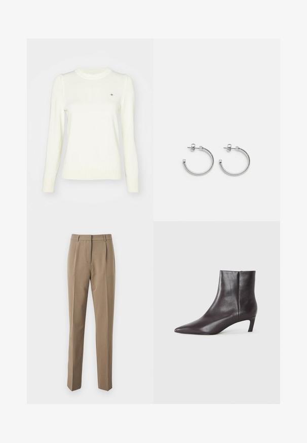 Pull crème clair, texture tricotée, col rond, manches longues, poignets et ourlet côtelés. Détail logo discret sur la poitrine.; Pantalons tailleur marron en tissu lisse, présentant une coupe droite, des plis avant et une taille avec passants de ceinture.; Botte de cheville en cuir noir avec un bout pointu et un petit talon, finition lisse, fermeture éclair sur le côté, présentée sur un fond neutre.; Boucles d'oreilles en argent en forme de hoop avec un design de corde texturé, dotées d'un fermoir en carré plat, créant ainsi un look minimaliste et moderne.