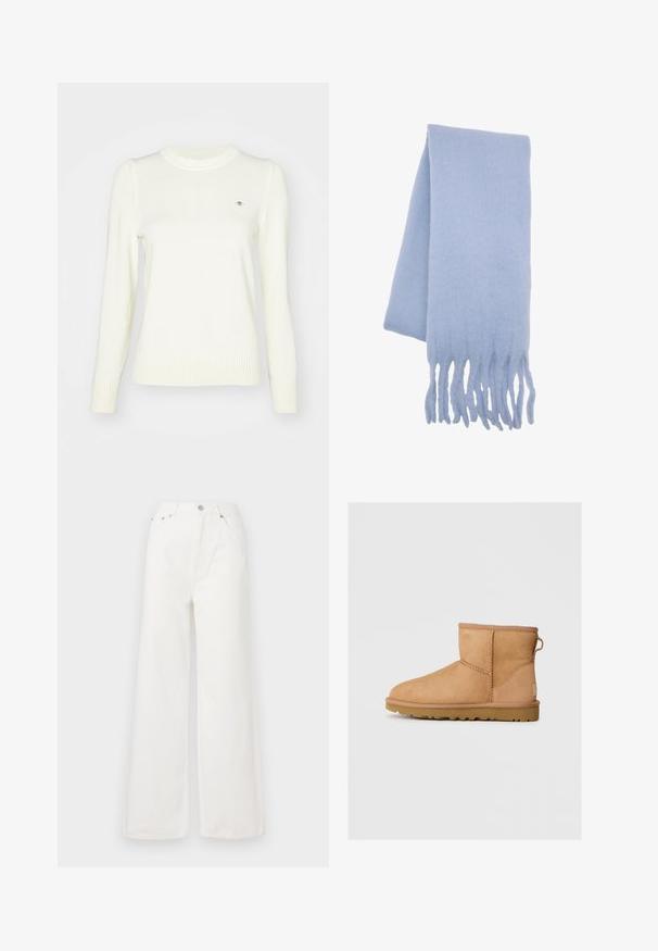Helle Cremefarbe Pullover, gestrickte Textur, Rundhalsausschnitt, lange Ärmel, gerippte Bündchen und Saum. Dezentes Logo-Detail auf der Brust.; Weiße hochtaillierte, weit geschnittene Jeans aus Denim. Verfügt über Fronttaschen, einen Knopfverschluss und ausgefranste Saumdetails.; Hellbraune Wildleder-Stiefeletten mit runder Zehenpartie, genähten Details, Ziehschlaufe an der Rückseite und einer strukturierten Gummisohle. Entwickelt für Komfort und Wärme.; Hellblauer Wollschal mit weicher Textur, langgestreckter Form und Fransen für zusätzliche Details. Ideal für Wärme und Komfort.; Braune Wildleder-Tote-Tasche mit zwei stabilen Tragegriffen, weitem offenen oberen Teil und minimalen Nähdetails, ausgestattet mit einer weichen Textur und großzügigem Innenraum.
