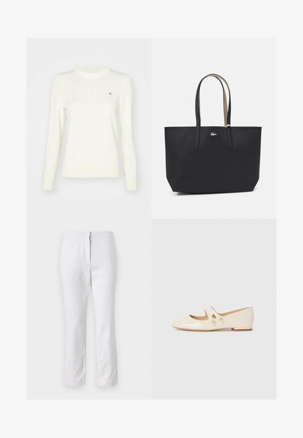 Jasna kremowa sweter, dzianinowa faktura, okrągły dekolt, długie rękawy, ściągacze przy rękawach i u dołu. Subtelny detal logo na piersi.; Białe bawełniane spodnie o prostym kroju nogawki, z średnim stanem, bez widocznych elementów metalowych czy wzorów. Gładka tekstura na całej powierzchni.; Białe lakierowane baleriny z dwoma dekoracyjnymi paskami i złotymi guzikami, z okrągłym noskiem i niskim obcasem w kształcie słupka.; Czarna torba na ramię o wyraźnej konstrukcji, wykonana z teksturowanego materiału, z dwiema długimi uchwytami i małym srebrnym logo z przodu.