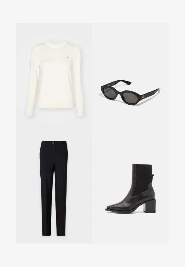 Light cream sweater, knitted texture, crew neck, long sleeves, ribbed cuffs and hem. Subtle logo detail on the chest.; Black tailored trousers with a straight leg design, featuring a button fastening and belt loops, made from smooth fabric.; Black ankle boot with a pointed toe, made of smooth leather and elastic fabric. Features a block heel and minimalist design.; Black oval sunglasses with dark lenses and glossy plastic frame. Features gold logo on the temple, offering a sleek and modern design.; Blue patterned handbag made of fabric, featuring a curved shape, black leather strap, and logo design in a lighter shade.