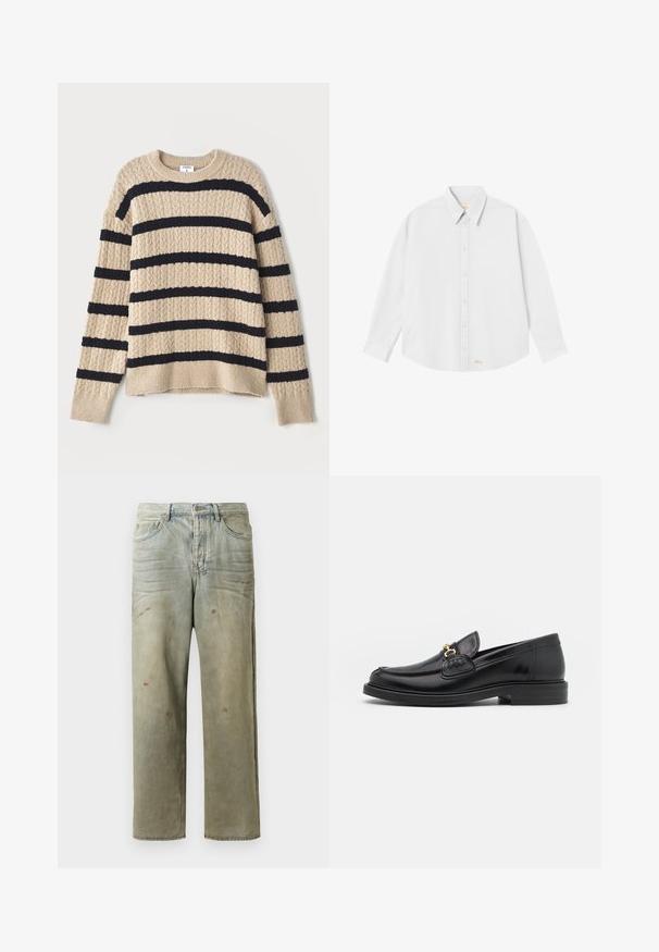 Beige kötött pulóver sötét tengerészkék vízszintes csíkokkal, texturált mintával és bordázott mandzsettákkal. Kerek nyakú és laza szabású.; Fehér gombos ing, klasszikus gallérral, hosszú ujjakkal és kerekített aljjal; a bal alsó részen kis narancssárga logó található.; Fakó zöld, kopott farmerszadrág, egyenes lábbal, ötk zsebes kialakítással, egyenetlen kopással és festékcseppekkel.; Fekete bőr loaferek, lekerekített orral, aranyszínű fémrész és varrási részletek díszítik, alacsony, strukturált gumitalpon.