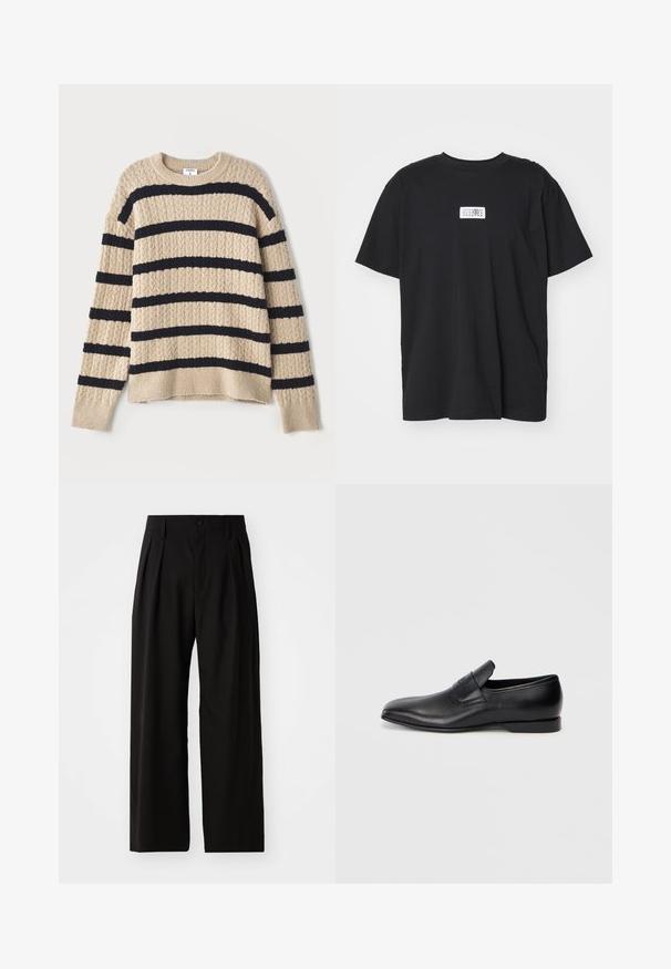Beżowy sweter dzianinowy w ciemnoniebieskie poziome paski, z fakturowanym wzorem i ściągaczami przy mankietach. Okrągły dekolt i luźny krój.; Czarny bawełniany t-shirt z okrągłym dekoltem, krótkimi rękawami i prostokątną białą metką z numerami i graficznym wzorem.; Czarne spodnie o szerokiej nogawce z gładką teksturą, z dwiema plisami z przodu, z zapięciem na guzik i bocznymi kieszeniami. Trwały materiał.; Czarne skórzane buty wsuwane z ostrym noskiem, gładką fakturą i subtelnym logo z boku. Niski obcas z czystym, minimalistycznym designem.