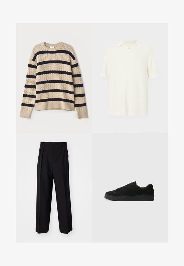 Pulover tricotat bej cu dungi orizontale de un albastru închis, având un model texturat și manșete cu tiv. Guler rotund și croială lejeră.; Cămașă polo cu mânecă scurtă, de culoare crem deschis, realizată dintr-un material texturat, cu decolteu în V și un design clasic al gulerului.; Pantaloni negri plisat cu un design drept și pantaloni largi. Construiți dintr-un material neted, prevăzuți cu închidere cu nasture și bucle pentru curea.; Adidași din suede negru cu o talpă plată, texturată, vârf rotunjit, șase gauri pentru șireturi și un design minimalist.