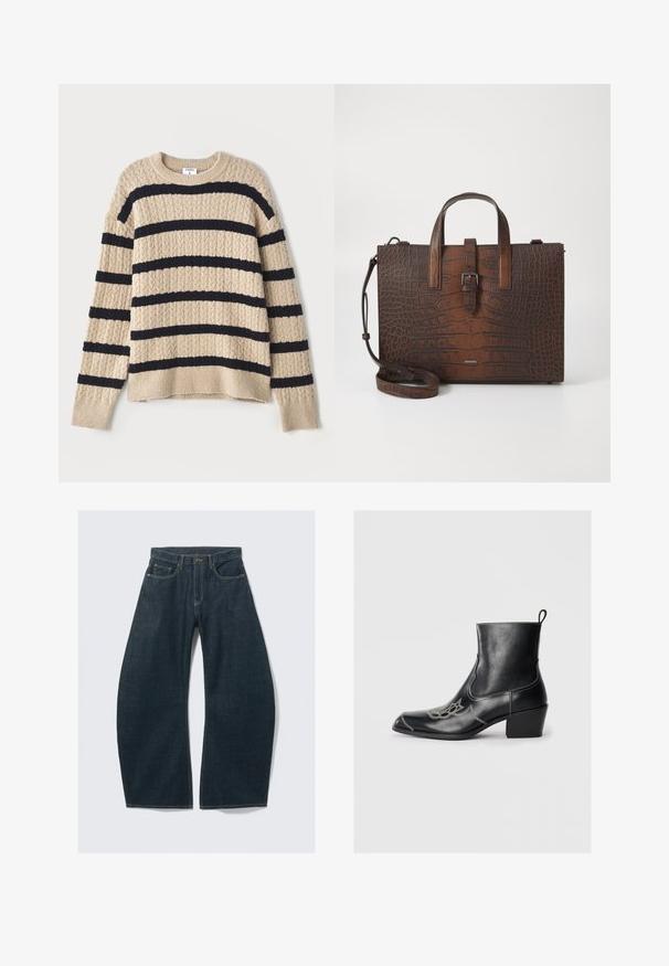 Beež kudumine särk tumesiniste horisontaalsete triipudega, millel on tekstuuritud mustriga ja soonikda. Ringkaelus ja vaba lõige.; Tumesinised laia säärega teksad, tehtud denimist, viie tasku, nähtavate õmbluste, nööpkinnituse ja puhta viimistlusega.; Mustad mustad mustad mustad, dekoratiivsete õmbluste ja madala plokkninaga. Esitleb tõmbluku jaoks, et seda oleks lihtne panna.; Pruun krokodillimustriga nahk käekott, millel on ülemised käepidemed ja eemaldatav õlavarrepant. Omab klambri sulgemist ja ristkülikukujulist vormi.