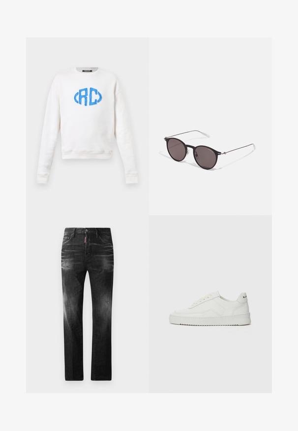 Sweatshirt de algodão branco com um logo em relevo azul bordado "<RC>" na frente, com mangas longas e um decote arredondado.; Jeans de denim preto com um corte reto. Apresentam áreas desbotadas, ligeira degradação, design clássico de cinco bolsos e um fecho de botão.; Sapatilha de couro branco com acabamento suave, bico redondo, atacadores planos e uma sola texturizada. Apresenta um logotipo discreto no calcanhar.; Óculos de sol redondos pretos com lentes escuras e hastes metálicas finas. Inclui pontas de templo transparentes e detalhes em prata na dobradiça. Design minimalista.