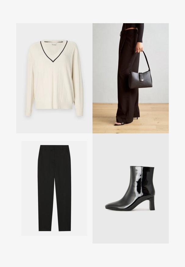 Elefántcsont színű kötött pulóver V-nyakkal, sötét szegéllyel, függőleges bordázással és hosszú, bordázott ujjal. Lazán illeszkedő fazon.; Fekete nadrág testreszabott kialakítással, oldalsó zsebekkel és egyenes lábbal. Simább, könnyű szövetből készült, elegáns felülettel.; Fekete lakk bőrcipő bokáig érő, hegyes orral és közepes magasságú tömbsarokkal. Simább textúrával és minimalista dizájnnal rendelkezik.; Fekete kézi táska strukturált formával, sima textúrával és fémből készült záródással. Széles fekete nadrággal és nyitott orrú szandállal párosítva, fából készült padlón.