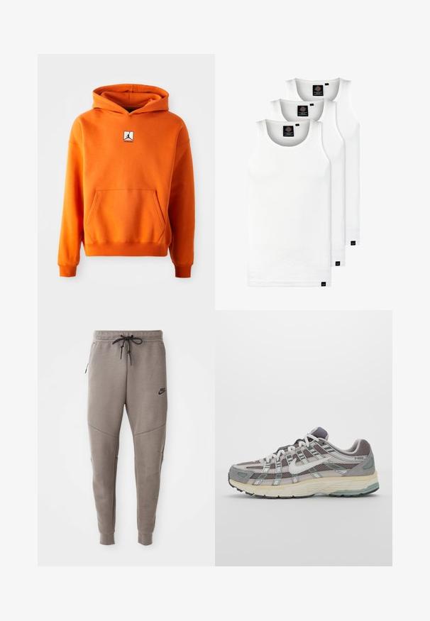 Oranžs hoodijs ar priekšējo kabatu, garām piedurknēm un regulējamu kapuci. Uz krūtīm ir melnbaltais logo. Mīksta auduma virsma.; Trīs baltas ribotas krūšturi, kas izgatavoti no kokvilnas. Iezīmēti ar apaļu kakla izgriezumu un maziem melniem etiķetēm tuvu apakšmalai. Pieejami vairākos izmēros.; Pelēki Nike sporta bikses ar aukliņu viduklī, sašaurinātiem galiem, sānu kabatām un izteiktām šuvēm. Mīksta, teksturēta auduma.; Pelēkie sporta apavi ar tīkla un zamša augšdaļu, baltiem akcentiem, mīkstinātu zoli un izcilu dizainu ar atstarotājiem.