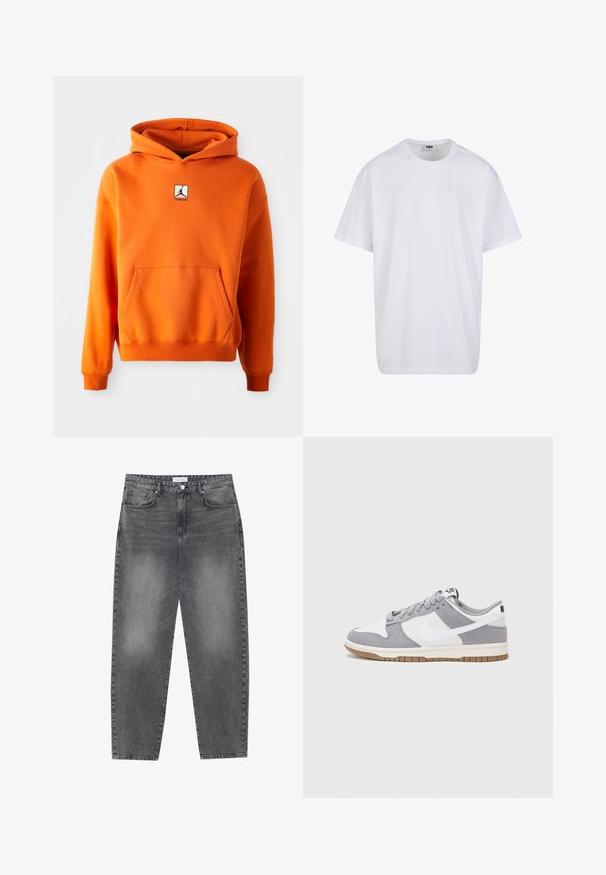 Pomarańczowa bluza z kapturem z kieszenią z przodu, długimi rękawami i regulowanym kapturem. Posiada czarno-biały logotyp na klatce piersiowej. Miękka struktura materiału.; Biała bawełniana koszulka z krótkimi rękawami, okrągłym dekoltem, luźnym krojem i bez widocznych logo lub wzorów. Gładka tekstura i minimalistyczny design.; Jeansy z wysokim stanem, luźne, w wyblakłym czarnym deninie. Posiadają pięć kieszeni, szlufki na pasek oraz prosty, klasyczny krój nogawek.; Szare i białe trampki z zamszową i skórzaną cholewą, okrągłym noskiem, płaskimi sznurówkami i gumową podeszwą z akcentem w kolorze gumy.