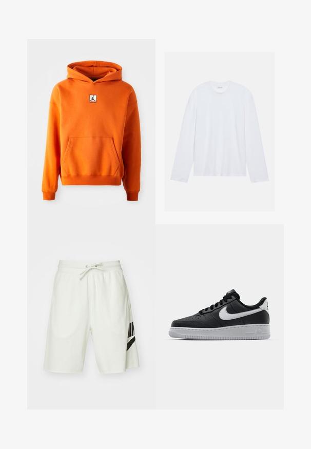 Sudadera naranja con bolsillo frontal, mangas largas y capucha con cordón. Presenta un logo en blanco y negro en el pecho. Textura de tela suave.; Camiseta blanca de manga larga hecha de algodón. Presenta un clásico escote redondo y costuras de hombro caídas, con una textura lisa y uniforme.; Pantalones cortos de algodón gris claro con una cinturilla elástica, cordón ajustable y un logo negro de Nike en el lado izquierdo.; Zapatilla negra de cuero con superficie texturizada, logo de Nike en blanco, suela gris, puntera redonda y diseño de encaje. Presenta perforaciones en la puntera.
