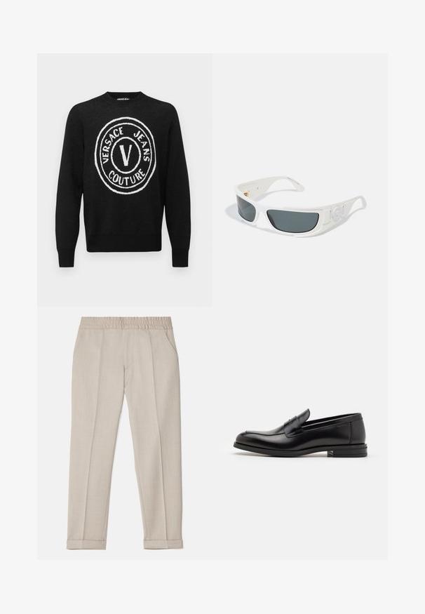Juodas megztinis su išryškintu baltu apskritimu, kuriame užrašyta "VERSACE JEANS COUTURE" ir centrinis "V". Raukiniai ant kaklo ir rankovių.; Filippa K TERRY CROPPED TROUSERS - Kelnės - sage melange; Juodos odinės loafers, turinčios lygų paviršių, apvalią noselę ir dekoratyvinę juostą per priekinę dalį. Žemas krentantis kulnas, minimalistinis dizainas.; Baltos saulės akinių rėmeliai su pilkais lęšiais, stačiakampio formos, su tekstūruotais akcentais šonuose. Papuošti auksiniais detalėmis.
