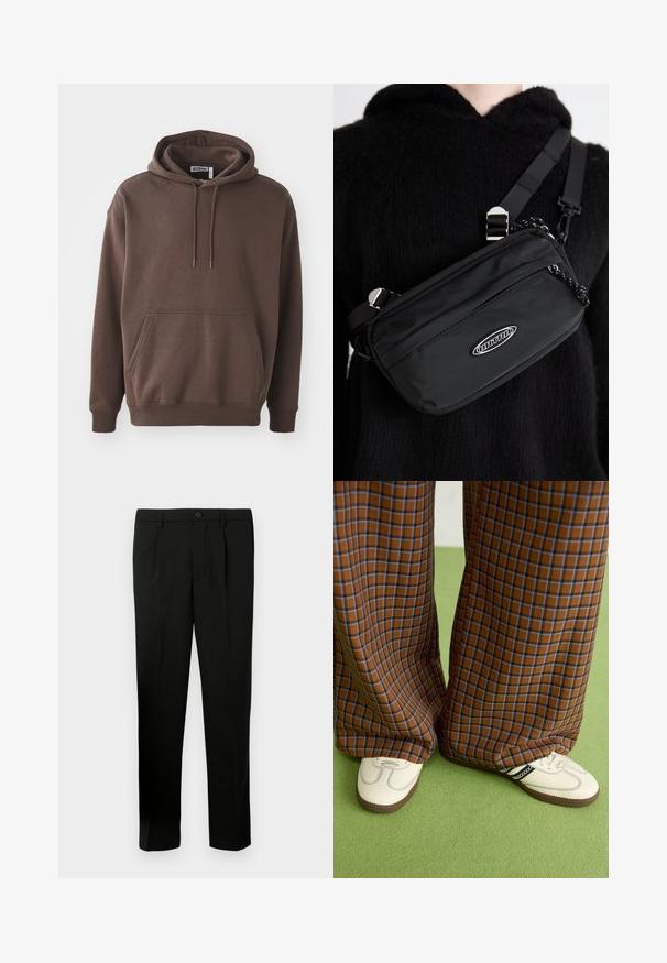 Pruun kapuutsiga sweatshirt, valmistatud pehmest kangast, eelseisva taskuga, reguleeritava kapuutsi ja soonikkoes varrukatega. Lihtne disain ilma mustriteta.; Mustad kohandatud pükste sirge säärega, lame ees, kahe voldiga, nööbiga kinnitamine ja küljetaskud. Valmistatud sileda materjali. ; Pruunide ja siniste ruuduliste laiad püksid, mille juurde on kombineeritud valged kingad mustade aktsentidega ja tekstuursete taldadega, roheline taust.; Musthave musta nailonkott rihmaga, millel on reguleeritav rihm, siledapinnaline tekstuur, eespool tõmblukuga tasku ja logo aktsent.