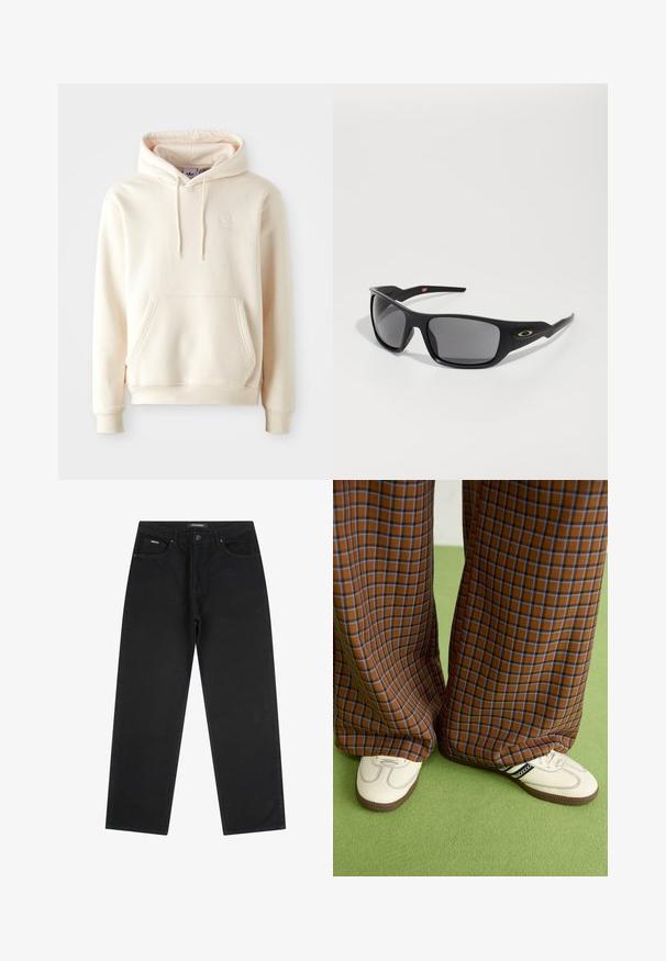 Krämfärgad hoodie gjord av mjukt tyg, med en framficka, dragsko på huven och en liten vit logotyp på bröstet.; Svarta raka jeans med framknäppning och dragkedja, bältesöglor och femfickdesign, utlagda platt på en vit bakgrund.; Bruna och blå rutiga vida byxor i kombination med vita skor med svarta accenter och texturerade sulor, mot en grön bakgrund.; Svarta solglasögon med rektangulär form, tillverkade av hållbar plast, med gråfärgade linser och en gulddetalj på sidan.