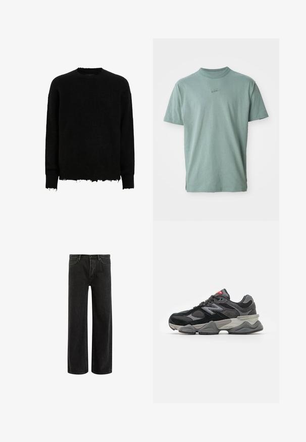 Juodas ilgomis rankovėmis apvalaus kaklo megztinis su suplėšytais kraštais ant rankogalių ir apatinės dalies, pagamintas iš pūkuoto mezgimo audinio.; Žalias medvilninis marškinėliai su trumpomis rankovėmis, įpjautu apykakle ir išsiuvinėtu Nike logotipu ant krūtinės. Turi lygų paviršių ir laisvą pritaikymą.; Juodi džinsai plačiomis kojomis su aukštu liemeniu, su klasikinio penkių kišenių dizainu ir švelniu prasiskverbimu dėl tekstūruotos išvaizdos.; Juodos ir pilkos sportbačiai su zomšos ir tinklelio medžiagų mišiniu, storu padu, išsiskiriančiu logotipu ir raudona akcentu ant liežuvėlio.