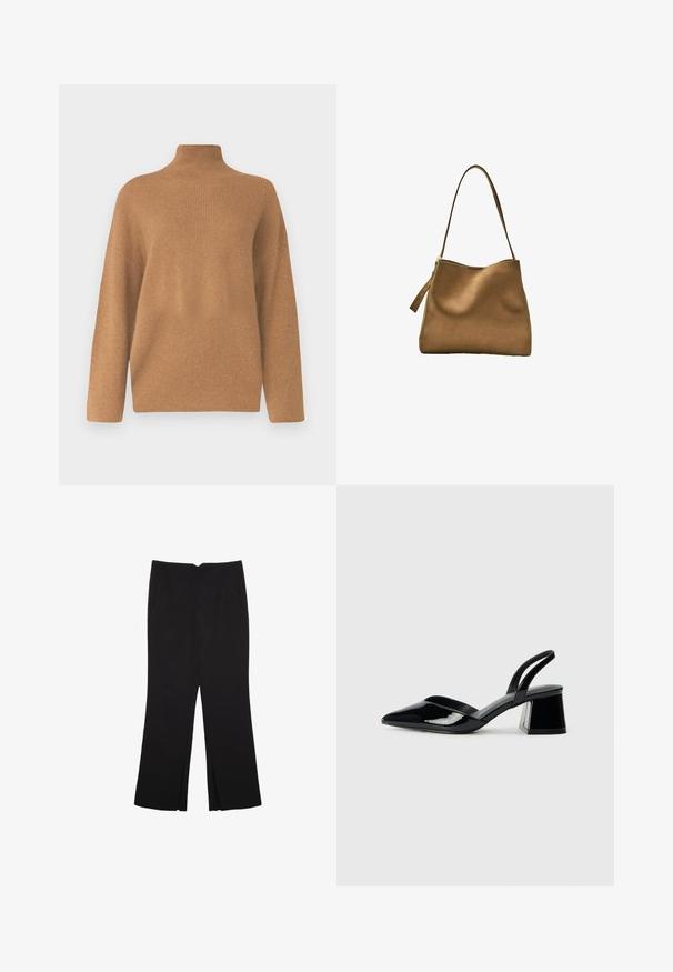 KNITID OVERSIZED ROLL NECK - Stickad tröja - chestnut; Svarta byxor med rak passform, utrustade med framfickor och sidoklyvningar vid fållen. Tillverkade av mjukt, slätt tyg. Lämpliga för olika tillfällen.; Svarta lackläder slingback klackar med spetsig tå och geometrisk klack. Har en elegant, minimalistisk design och slät yta.; Brun mockaskinnväska med en slät yta, rundad topp och en lång, platt axelrem. Har en dragkedjeöppning på ena sidan.