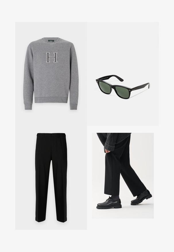 Sudadera gris con cuello redondo, puños acanalados y dobladillo. Presenta una letra "H" bordada en contraste en el pecho. Textura suave.; Pantalones negros de tela suave, con corte recto, dos bolsillos frontales y cremallera con cierre de botón.; Zapatos de cuero negro con punta redondeada, diseño de cordones y suela gruesa y texturizada. Combinados con pantalones negros a medida y un suéter acanalado.; Gafas de sol de plástico negro con lentes verdes, montura cuadrada, acento plateado en la ceja y brazos texturizados. Marca indicada en el brazo interno.