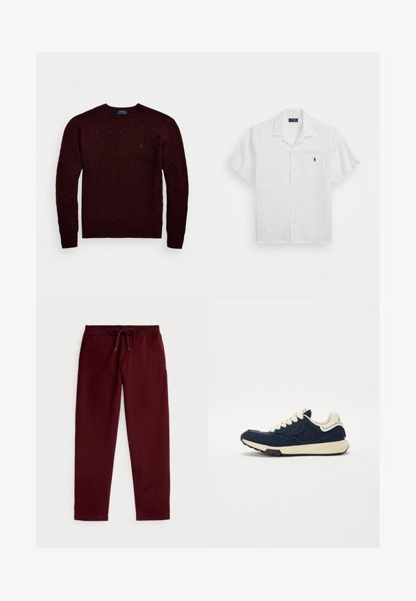 Burgunderfarget strikket genser med kabelmønster, rund halsutringning, ribbestrikket kant og ermer, med en liten grønn logo på brystet.; Hvit kortermet skjorte laget av lin. Har knappelukking foran, en lomme på venstre bryst og en liten brodert logo detalj.; Polo Ralph Lauren POLO PREPSTER STRETCH CLASSIC FIT PANT - Bukse - rich ruby; Marineblå joggesko med teksturert semsket skinn-overdel, kremfargede snøringer og beige mellomsåle. Har et klassisk atletisk design og gummisåle.