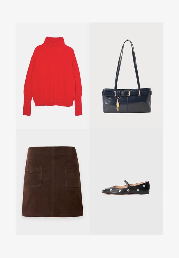 Raudona megzta golfo tipo svajgeris su laisvu siluetu, ilgomis rankovėmis, briaunotais rankogaliais ir juosta. Lygus audinys ir vientisa spalva visoje aprangoje.; Ruda veliūrinė sijonas, pasižymintis klasikinio A formos siluetu, dviem priekinėmis kišenėmis su apvaliais uždangaliukais ir subtiliais siuvinėjimo akcentais.; Juodų odinių Mary Jane plokščių batų su apvaliu pirštu, papuoštų sidabriniais apvaliais nagais ir reguliuojamu dirželiu su sagtimi.; Jūrinės odos rankinė su dviem ilgais rankenomis, sagties detalė ir pridėtas raktų pakabukas. Turi lygią tekstūrą ir stačiakampio formą.