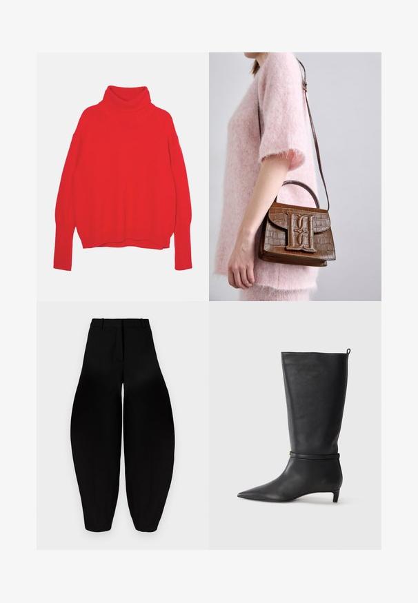 Maglione a collo alto rosso lavorato a maglia con vestibilità rilassata, maniche lunghe, polsini e orlo a costine. Texture liscia e colore uniforme.; Pantaloni neri a gamba larga con vita alta, fronte plissettato e caviglie affusolate. Realizzati in tessuto liscio con finitura opaca.; Stivale in pelle nera alta fino al ginocchio con punta affusolata, adornato da una fascia circolare attorno alla caviglia e un tacco basso e conico. Texture liscia.; Borsa a mano con effetto coccodrillo marrone, dotata di manico superiore e tracolla. Presenta un logo prominente sulla patta frontale. Texture morbida.