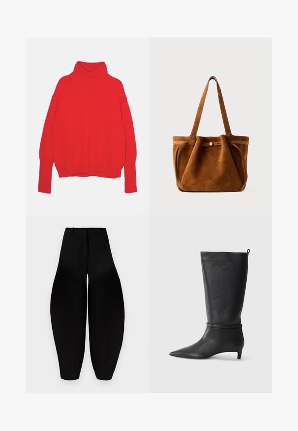 Sarkans adīts kakla izgriezums ar brīvu piegriezumu, garām piedurknēm, un ribotām aprocēm un malām. Gluda tekstūra un viendabīga krāsa visā virsmas daļā.; Melnbra plaša kāju bikses ar augstu jostasvietu, gludu priekšpusi un sašaurinātiem potītes daļām. Izgatavotas no gludas auduma ar matētu apdari.; Melnas ādas līdz ceļiem stīgas ar norādītu purngalu, akcentētas ar apaļu siksnu ap potīti un zemu, sašaurinātu papēdi. Gluda tekstūra.; Brūns zamšs tote soma ar divām roktēm, pogu aizdari un brīvu, nedaudz izplūdušu formu.