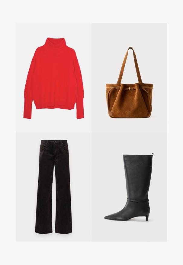 Punainen neulepusero, jossa on korkea kaulus, rento malli, pitkät hihat, ribattu hihansuu ja helma. Tasainen pinta ja tasainen väri koko alueella.; Musta leveälahkeiset corduroy-housut korkealla vyötäröllä, joissa on kaksi etutaskua ja napillinen sulkeminen. Sileä pinta pystysuuntaisilla urilla.; Musta nahkainen polvipitkä saapas, jossa on terävä kärki, korostettuna ympyrämuotoisella nauhalla nilkassa ja matala, kapea korko. Sileä pinta.; Ruskea samettinen kantolaukku, jossa on kaksinkertaiset kahvat, nappikiinnitys ja rento, hieman lörpähtänyt muoto.