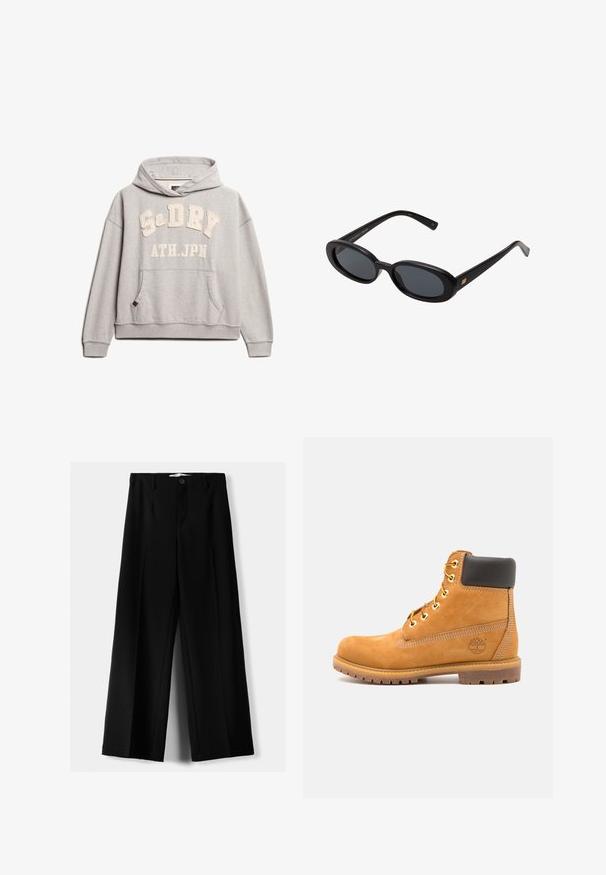 Superdry & Co - Bluza z kapturem; Czarne spodnie szerokie, wykonane z lekkiego materiału, z zapięciem na guzik z przodu i gładkim przodem, z starannie wykończonymi brzegami.; Brązowy skórzany botek za kostkę z czarnym wykończeniem, złotymi oczkami i teksturowaną podeszwą. Posiada okrągłe logo z boku oraz akcenty w postaci przeszyć.; Czarne, oversize okulary przeciwsłoneczne z owalnymi soczewkami, gładkim plastikowym mostkiem i złotymi akcentami na zausznikach. Ciemne soczewki zapewniają ochronę przed słońcem.