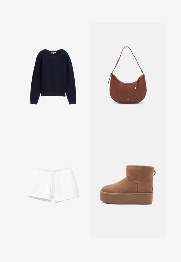 Námornícky modrý pletený sveter s volným strihom, širokým kulatým výstřihem a žebrovanými manžetami. Vyznačuje se texturovaným vzorem po celém materiálu.; Bílé bavlněné šortky s elastickým pasem a šňůrkou, s hladkou texturou a bez vzorů či dalších ozdob.; Hnědé semišové kotníkové boty s platformou, zaoblenou špičkou a prošíváním; mají poutko vzadu pro snadné obouvání.; Hnědá kabelka přes rameno z umělé kůže s zakřiveným tvarem, minimálním prošíváním a zlatým kovovým akcentem. Disponuje vrchním zipovým uzavíráním a nastavitelným popruhem.