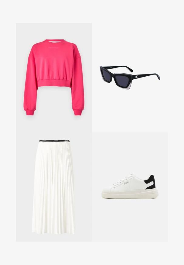 Sudadera corta de color rosa con mangas largas y puños acanalados. Presenta un escote redondo y un logotipo minimalista en el pecho.; Falda blanca plisada con una cinturilla elástica negra que presenta el logotipo "LACOSTE". Diseño de longitud media con textura suave.; Zapatillas blancas de cuero con una suela blanca gruesa, acento en el talón de ante negro y logo grabado en el lateral. Diseño de cordones con seis ojales.; Gafas de sol negras de gran tamaño con una forma geométrica, que presentan lentes oscuros y un detalle gris contrastante en la montura. Logo en la pata.