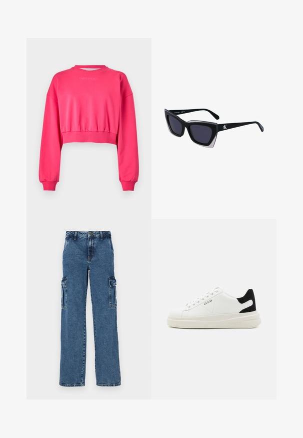 Roza skraćena dukserica dugih rukava s rebrastim manžetama. Ima zaobljeni izrez i minimalno brendiranje na prsima.; Plave traperice cargo s opuštenim krojem, koje imaju dva bočna džepa, ojačane šavove i ravni kroj nogavica.; Bijele kožne tenisice s debelim bijelim potplatom, crnim zamšastim akcentom na peti i ugraviranim logom sa strane. Dizajn s vezicama i šest rupa za vezivanje.; Crne oversize sunčane naočale geometrijskog oblika, s tamnim staklima i kontrastnom sivom dekoracijom na okviru. Logo na dršci.