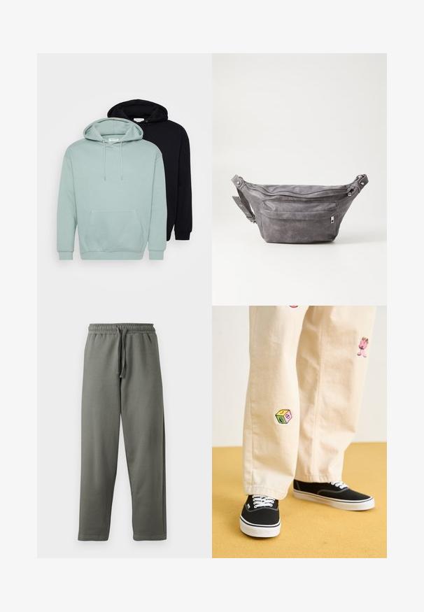 Set di due felpe: una verde menta chiaro e una nera. Entrambe presentano corde regolabili, una tasca frontale e polsini e orlo a costine.; Pantaloni della tuta grigi in morbido tessuto con vita elasticizzata e coulisse; presentano un taglio dritto e dettagli di cucitura minimi.; Pantaloni di cotone beige con divertenti ricami che includono un personaggio rosa e un blocco colorato, abbinati a sneaker nere con lacci.; Fanny pack in suede grigio con forma arrotondata, due scomparti con cerniera e tracolla regolabile. Presenta dettagli in metallo.