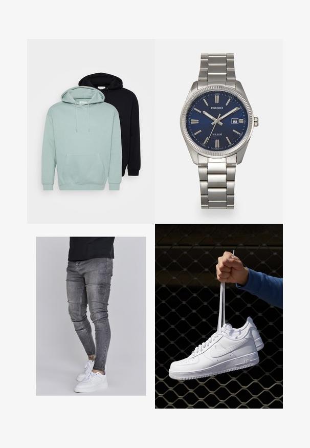 Sæt med to hættetrøjer: en i lys mintgrøn og en sort. Begge har justerbare snore, en frontlomme og ribbede håndled og kant.; Slank jeans i falmet grå denim med slidte detaljer ved knæene, parret med hvide sneakers. Glat tekstur, slim fit design.; Hvide lædersneakers med perforeringer, rund tå, flad sål og tykke snørebånd, med et synligt swoosh-logo og "AIR" på hælen.; Sølv rustfrit stål urrem med en marineblå urskive, metallic timemarkører og et datovindue kl. 3. Vandafvisende op til 50 meter.