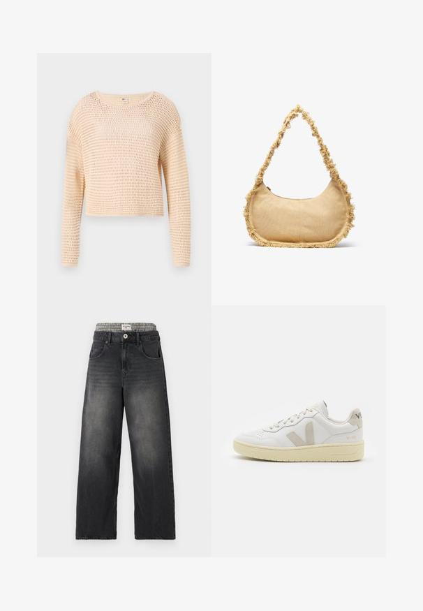 Light beige cropped sweater with a knitted mesh pattern, long sleeves, round neckline, and ribbed hem. Soft, textured fabric.; Black denim wide-leg jeans with a houndstooth patterned waistband. Features include front pockets and a button closure. Distressed texture.; White leather sneaker with beige suede accents, perforated toe box, flat laces, and a textured cream sole. Features subtle branding on heel.; Textured beige bag with a rounded shape, frayed trim along the edges, and a short strap for carrying. Zippered opening at the top.