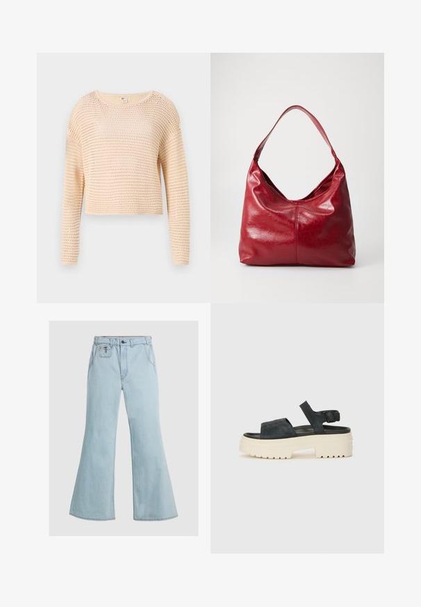 Světle béžový zkrácený svetr s pleteným síťovým vzorem, dlouhými rukávy, kulatým výstřihem a žebrovaným lemem. Měkká, strukturovaná tkanina.; Světlé modré zvonové džíny z denimu, s vysokým pasem, zapínáním na knoflík a předními kapsami. Hladká textilie s minimem švů.; Černé semišové platformové sandály s robustní bílou podrážkou, širokým předním páskem a nastavitelným řemínkem kolem kotníku. Texturovaná podrážka pro lepší grip.; Červená kožená hobo taška s měkkým, strukturovaným povrchem, s jedním ramenním popruhem a zaobleným, uvolněným tvarem.