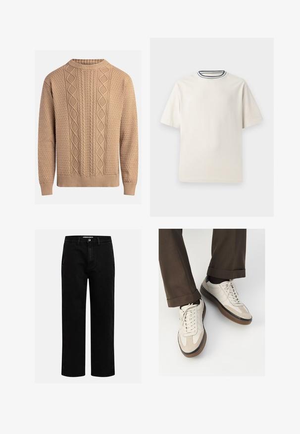 Maglione a maglia color beige con motivi testurizzati. Presenta un colletto rotondo, polsini a costine e diverse trame a trecce sul davanti.; T-shirt in cotone color crema con maniche corte, caratterizzato da un collo rotondo decorato da righe blu navy e bianche. Tessuto liscio, vestibilità comoda.; Pantaloni in denim nero con taglio dritto, design classico a cinque tasche e chiusura con bottone in vita. Tessuto liscio e materiale resistente.; Sneakers beige con una parte anteriore in suede testurizzato, lati in pelle liscia e una suola in gomma marrone. Inclusi lacci e dettagli di cucitura leggera.