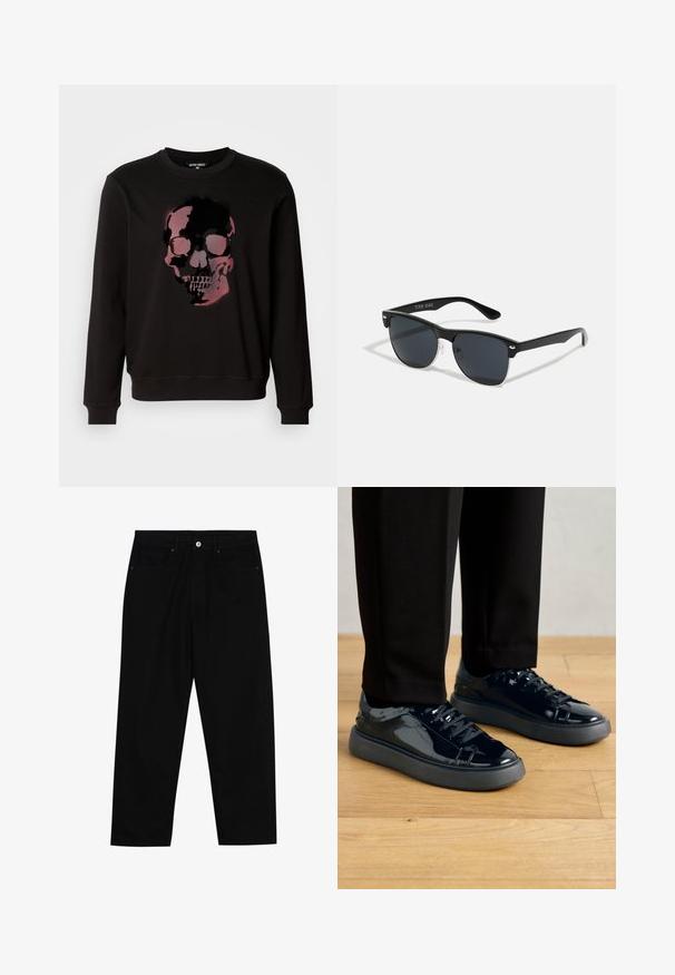 Black sweatshirt featuring a central graphic of a skull in shades of pink and black, with a crew neckline and ribbed cuffs.; Black denim pants featuring a straight-leg cut, five-pocket design, and a front button closure. Smooth texture with minimal stitching details.; Black patent leather sneakers with a textured rubber sole, round toe, and matching black laces, paired with black trousers on a wooden floor.; Black sunglasses with a rectangular shape, dark lenses, silver accents at the temples, and a matte finish on the frame.